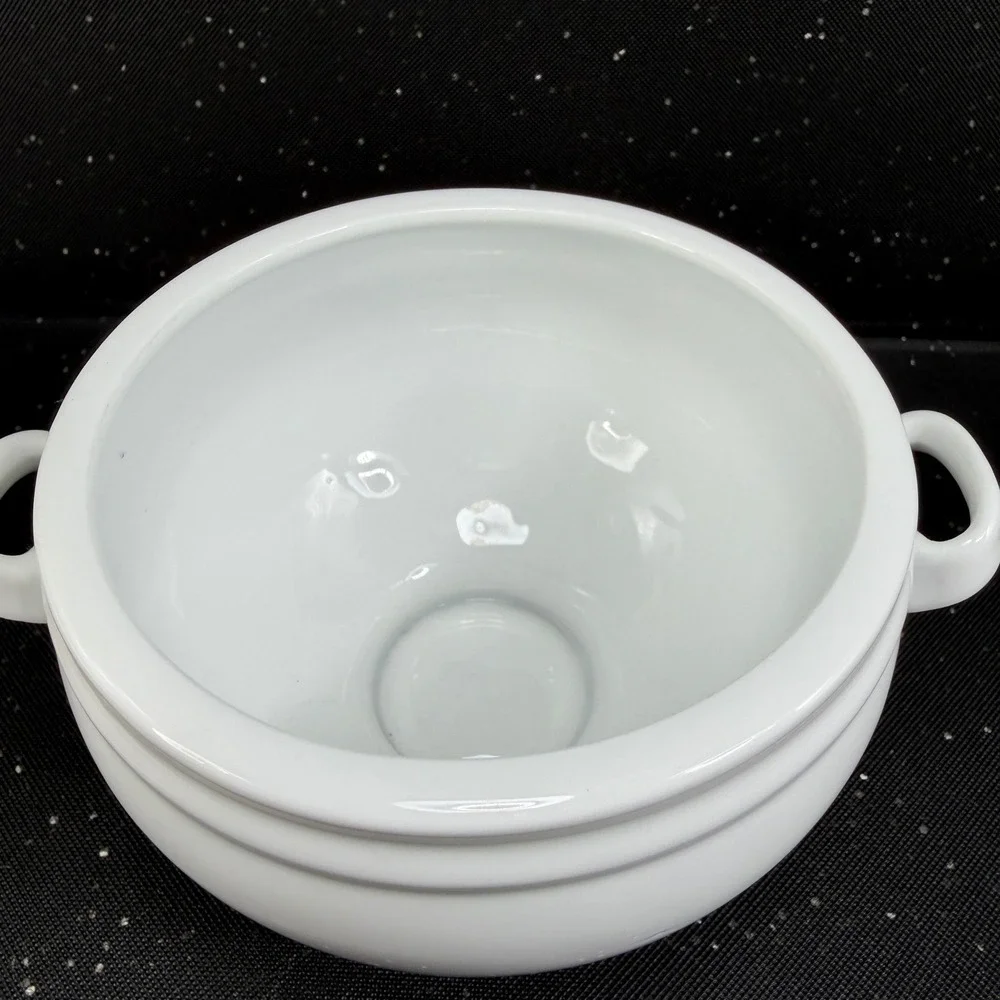 Crate & Barrel White Porcelain Footed Soup Bowls Dishes with Handles Set of 2